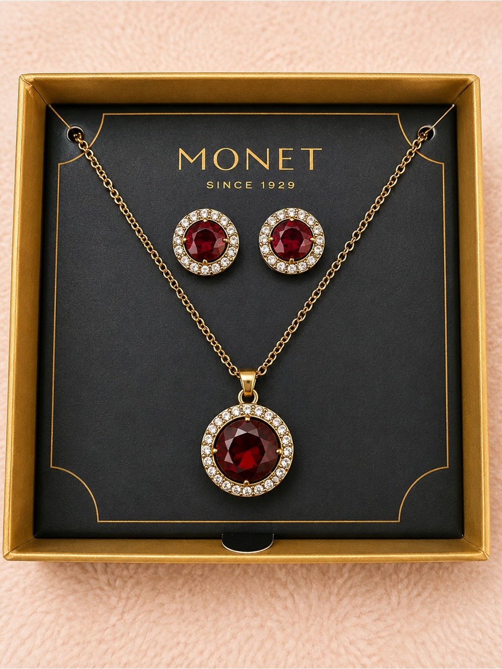 Monet Gold-Tone Necklace and Stud Earrings with Ruby Red Stones